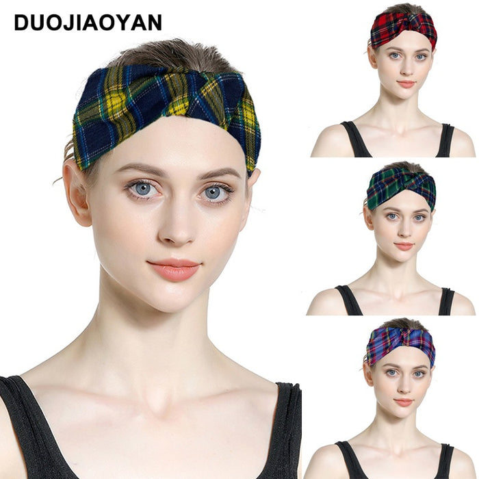 Wholesale Plaid Elastic Wide-Brimmed Fabric Headband MOQ≥3 JDC-HD-Jiaoy011