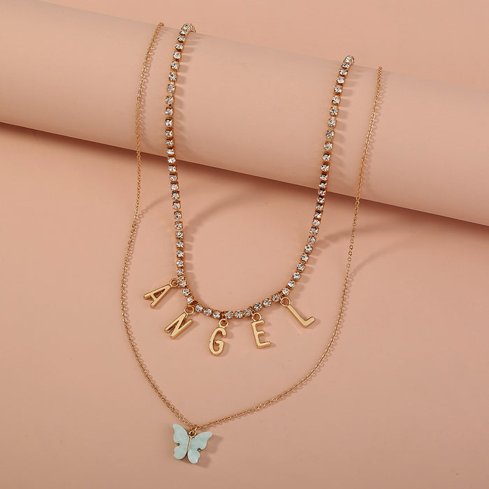 Wholesale Jewelry Simple Fashion Blue Butterfly Double Layer Necklace JDC-NE-NM064