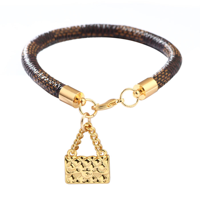 Wholesale Fashion Real Gold Plated PU Leather Plaid Bracelet (F) JDC-BT-QiN006