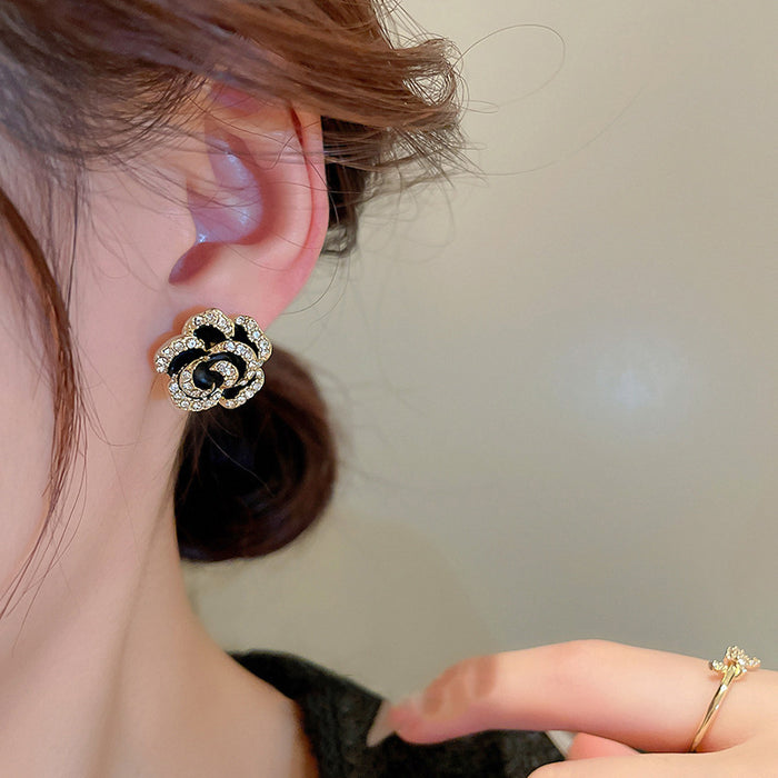 Wholesale Set Diamond Camellia Flower Copper Earrings (F) JDC-ES-Wuyu003