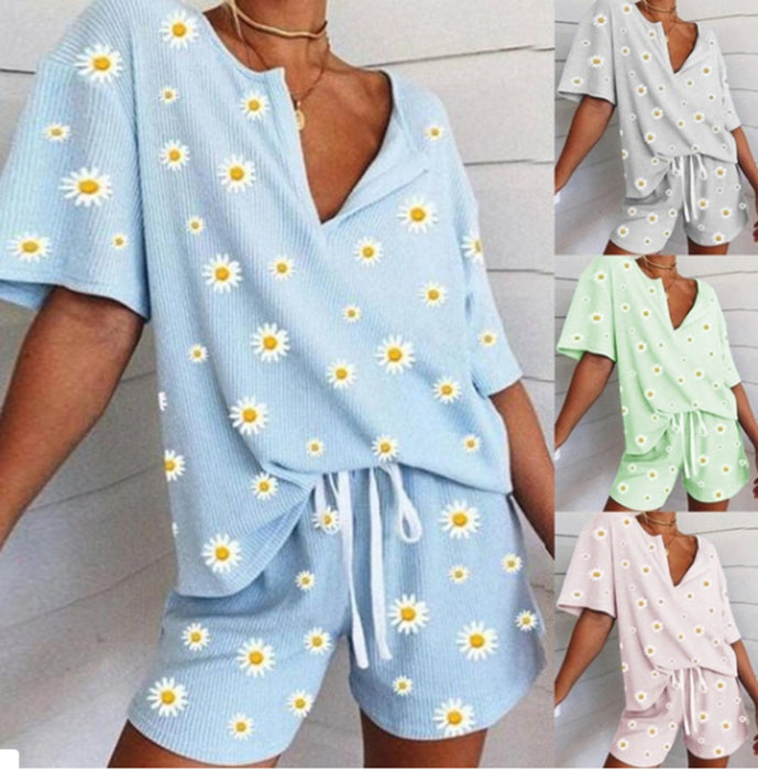 Wholesale printed fresh daisy home clothes loose and comfortable two-piece set JDC-SW-Yige003