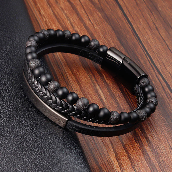Wholesale Bracelet Stainless Steel Leather Woven Natural Stone JDC-BT-OuSD011