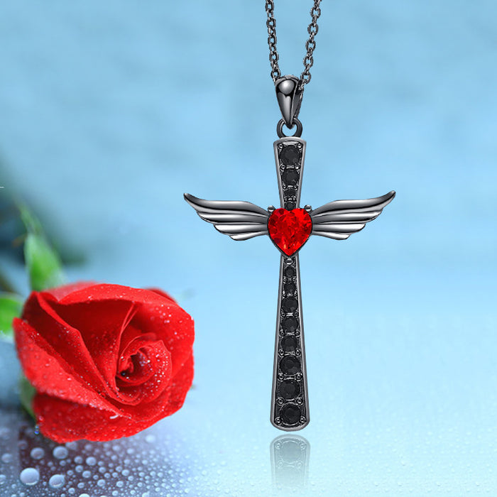 Wholesale Black Gold Angel Wings Cross Pendant Necklace Niche Heart Crystal Necklace JDC-NE-XunO065