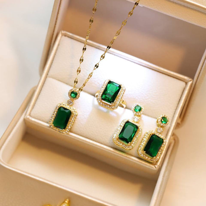 Wholesale Necklace Stainless Steel Emerald Ring Earrings Set JDC-NE-MingYuan006