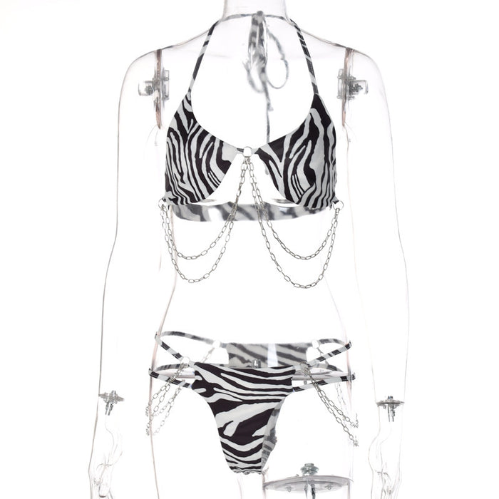 Estampado al por mayor estampado en la cadena atada Bikini Bikini traje de dos piezas Jet JDC-SW-KLK001