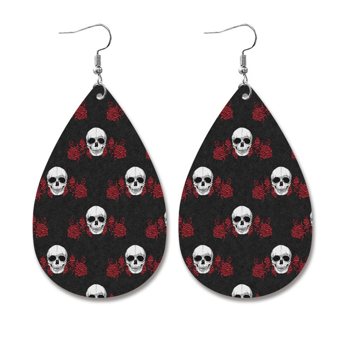 Wholesale Earrings Leather Halloween Water Drops Skull Bat Printed Earrings 2 pairs JDC-ES-Qunyi004