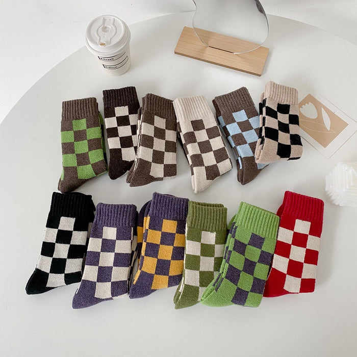 Wholesale Socks Wool Mid-Cylinder Warmth Thickened Checkered JDC-SK-ChangShen004