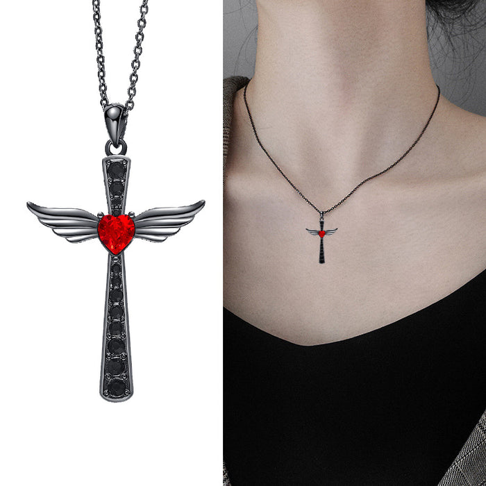Wholesale Black Gold Angel Wings Cross Pendant Necklace Niche Heart Crystal Necklace JDC-NE-XunO065