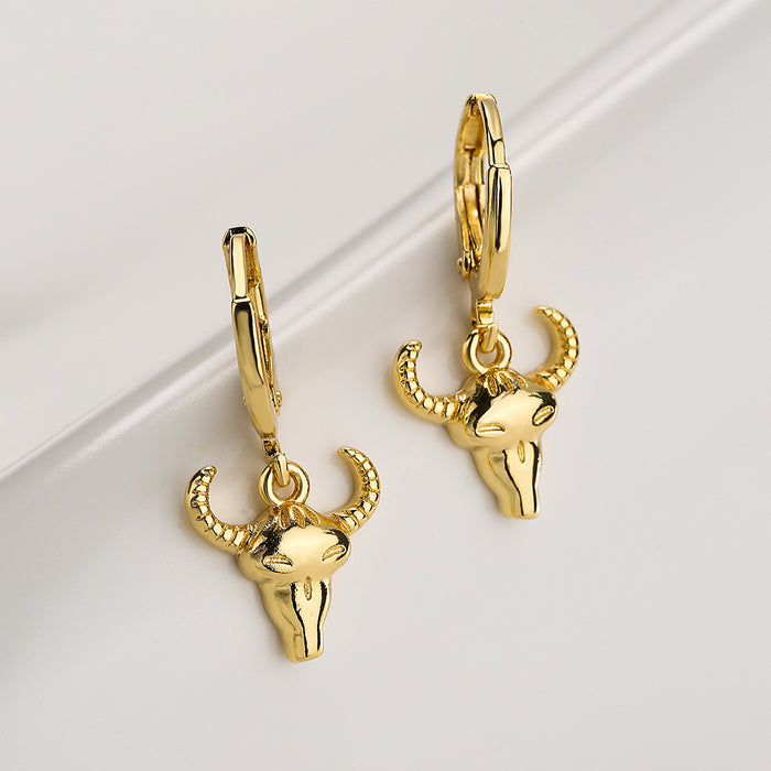 Wholesale Earrings Copper Real Gold Plated Micro Set Zircon Bull Head JDC-ES-PREMAG009