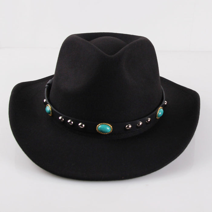 Hombro al por mayor Woolen Style Ettnic Rivet Western Big Cowboy Hat JDC-FH-Xrong008