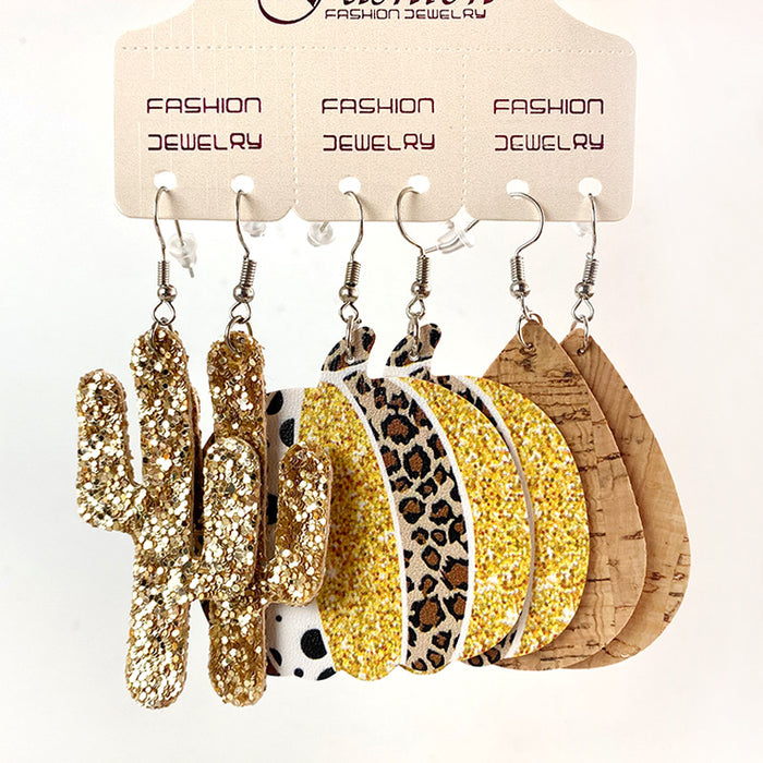 Wholesale Earring Leather Leopard Sunflower Print Set JDC-ES-HeYi081