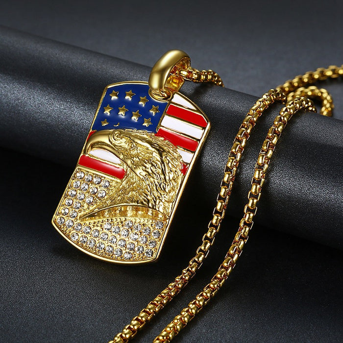 Wholesale 4th of July Alloy Independence Day Hip Hop Gold Plated Diamond Eagle Pendant Necklace JDC-NE-XunO039
