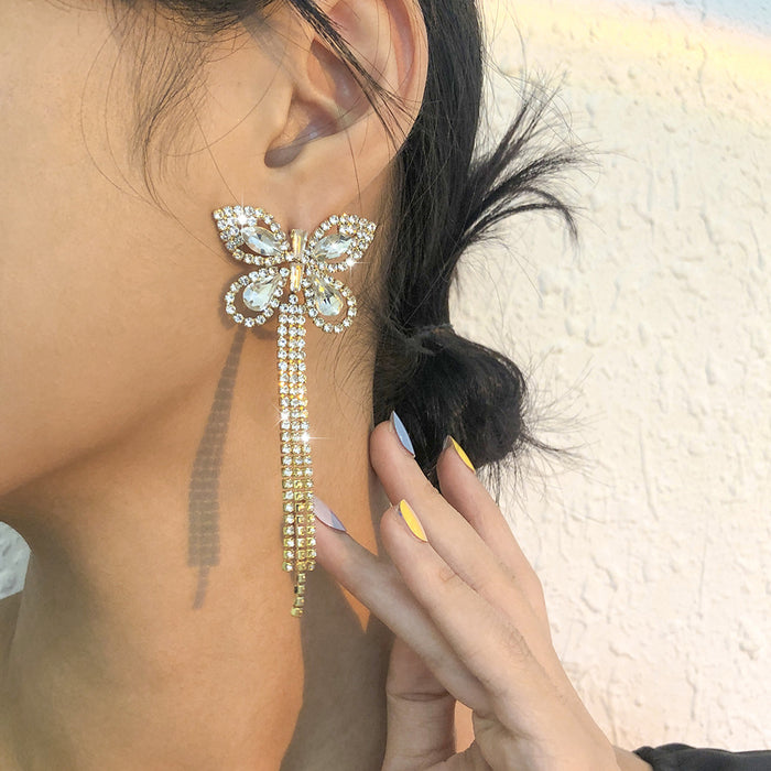 Wholesale full diamond butterfly tassel earrings JDC-ES-Qiandi005