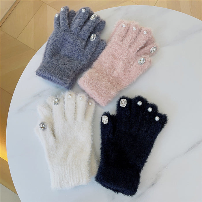 Wholesale Gloves Polyester Rhinestone Pearl Heavy Industry Plus Velvet Knit Fingering JDC-GS-HuiT002