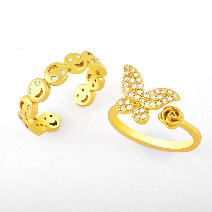 Wholesale cute smiley ring female butterfly ring open ring JDC-RS-AS426