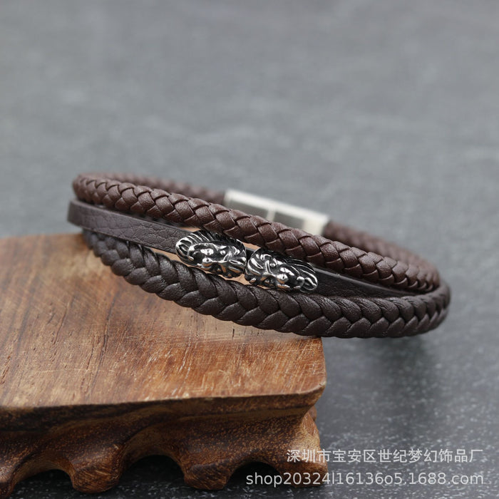 Wholesale Bracelet Stainless Steel Multilayer Lion Head Braided Leather Cord JDC-BT-SJMH002
