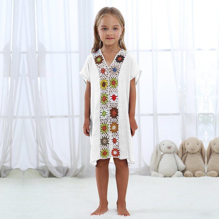 Wholesale parent-child hand crochet flower stitching loose slit children's dress JDC-SW-Yimei007