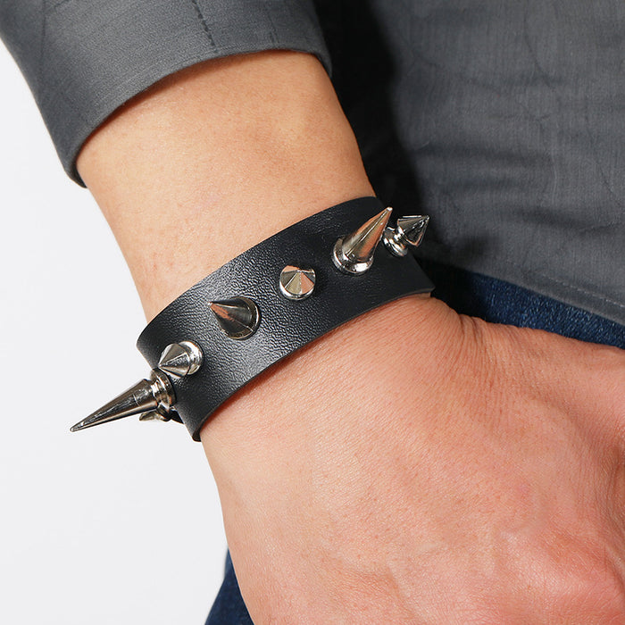 Wholesale Bracelet Artificial Leather Single Row Spike Punk Style Men's Bracelet JDC-BT-PK027