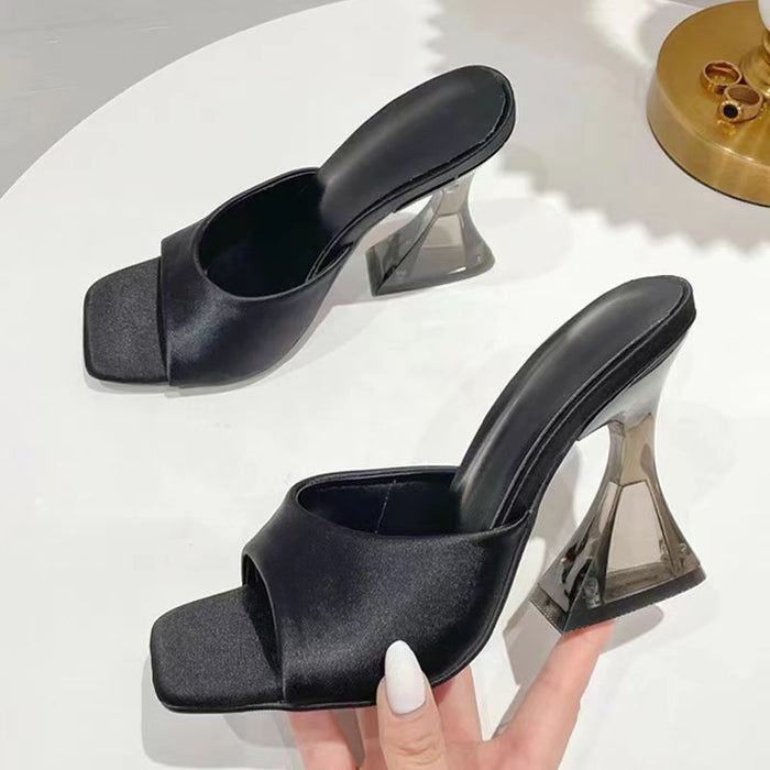Wholesale high heel slippers women's shoes green heel slim satin MOQ≥2 JDC-SD-JuHong004