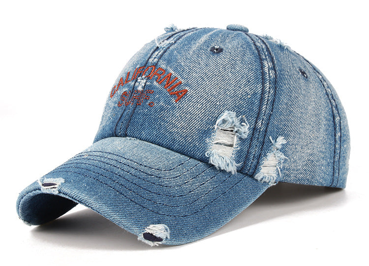 Wholesale Hat Denim Distressed Ripped Hole Embroidery Simple Peaked Cap JDC-FH-NaDi001