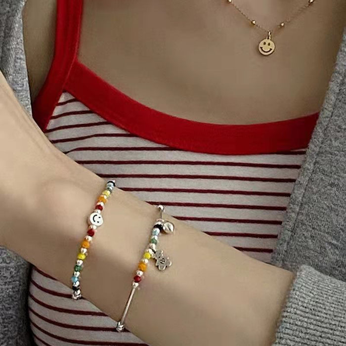 Wholesale Fashion Bear Rainbow Colorful Smiley Beaded Elastic Cord Bracelet JDC-BT-NiHuang003