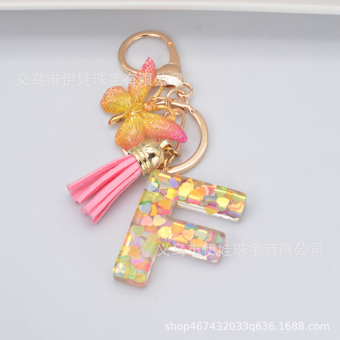 Wholesale Keychains Plastic Heart Sequins Alphabet Butterfly Tassel MOQ≥2 JDC-KC-YiWa013