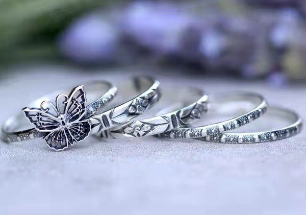 Wholesale Retro Stackable Butterfly Five Piece Pattern Ladies Rings MOQ≥2 JDC-RS-QianZ006