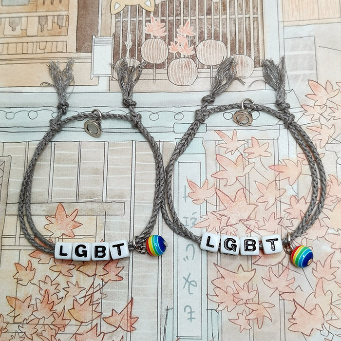 Wholesale lgbt same-sex rainbow magnet attracts letter bracelet couple bracelet pair MOQ≥2 JDC-BT-HaoL008