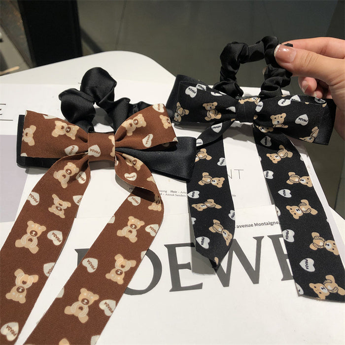 Wholesale Hair Scrunchies Fabric Polka Dot Bear Print Bow MOQ≥2 JDC-HS-Ruichong003