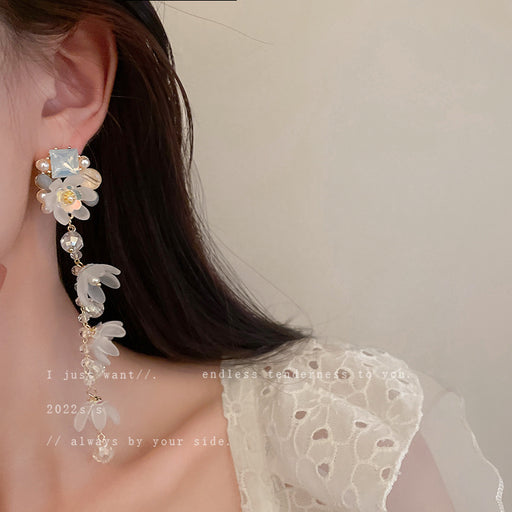 Jewelry WholesaleWholesale Silver Needle Pearl Diamond Flower Crystal Tassel Earrings JDC-ES-Fengm043 Earrings 丰美 %variant_option1% %variant_option2% %variant_option3%  Factory Price JoyasDeChina Joyas De China