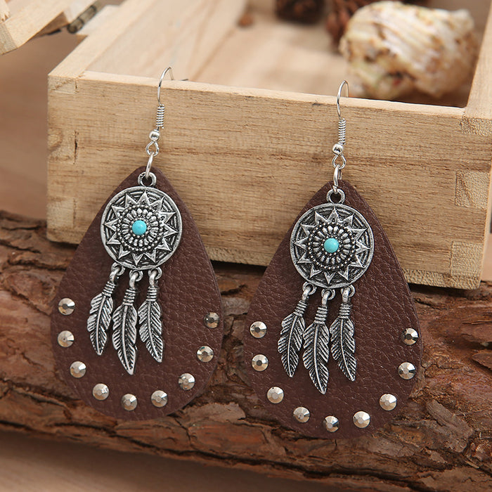 Wholesale Earrings Alloy Leather Turquoise Feather Earrings JDC-ES-Saip063