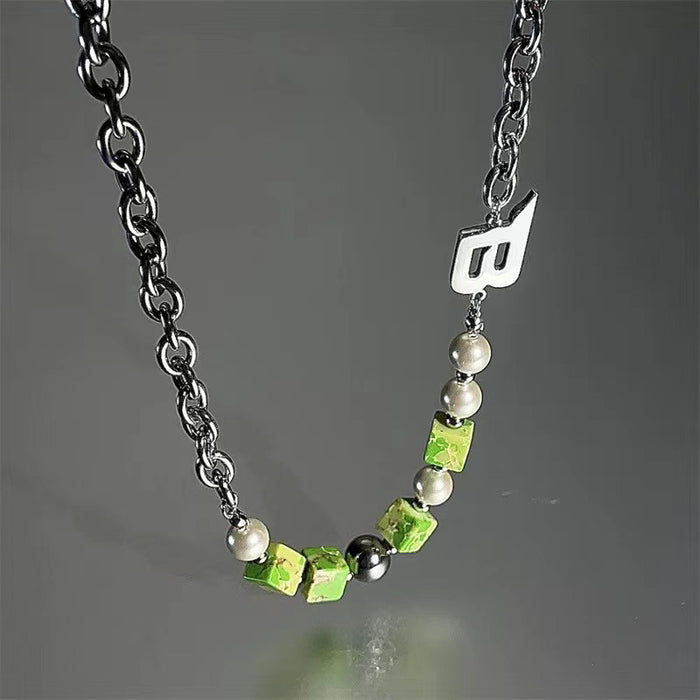 Wholesale Necklace Titanium Steel Green Beaded Pearl Stitching Letter Necklace Bracelet JDC-NE-GM001