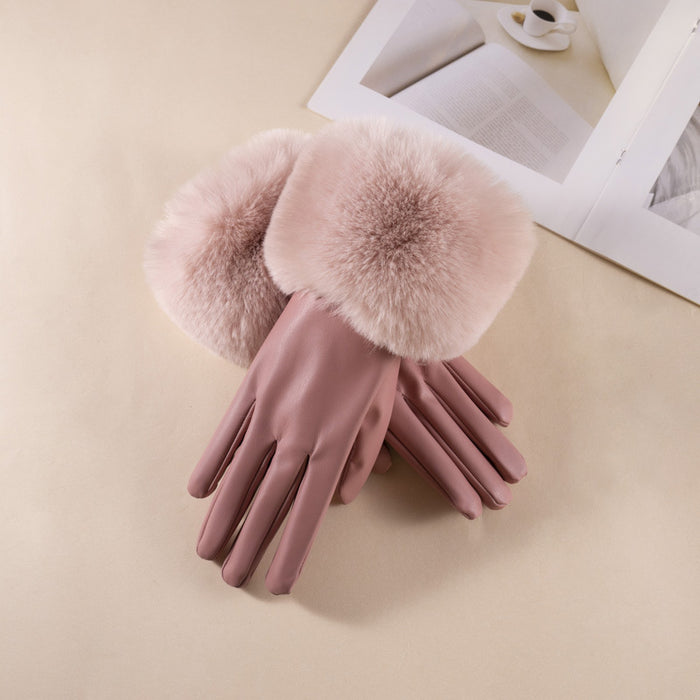 Wholesale Gloves PU Rabbit Fur Mouth Fleece Warm Touch Screen MOQ≥2 JDC-GS-BX019