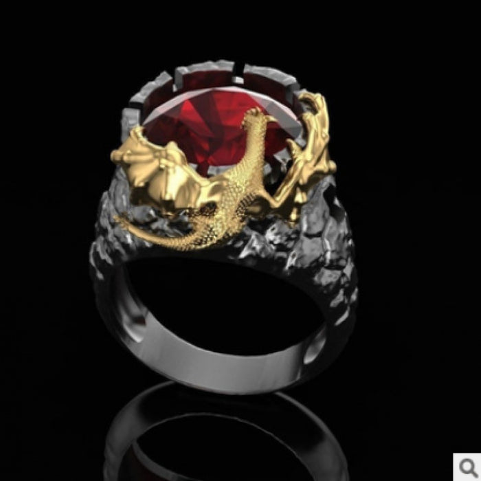 Punk Goth Rock Personalidad al por mayor Ring de dos tonos Ruby Dragon Ring Moq≥2 JDC-RS-FHong002