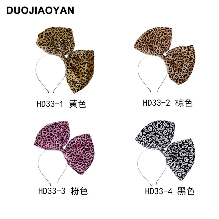 Estampado de leopardo al por mayor Diadema de hierro de tela de satén de arco de gran tamaño MOQ≥3 JDC-HD-JIAOY012