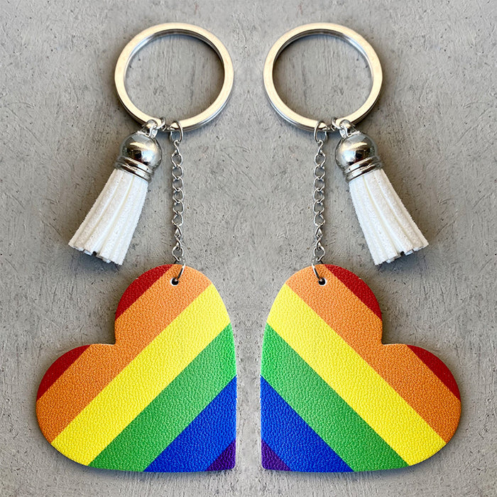 Wholesale Colorful Striped Heart Tassel LGBT Leather Keychain MOQ≥3 JDC-KC-HeYi010