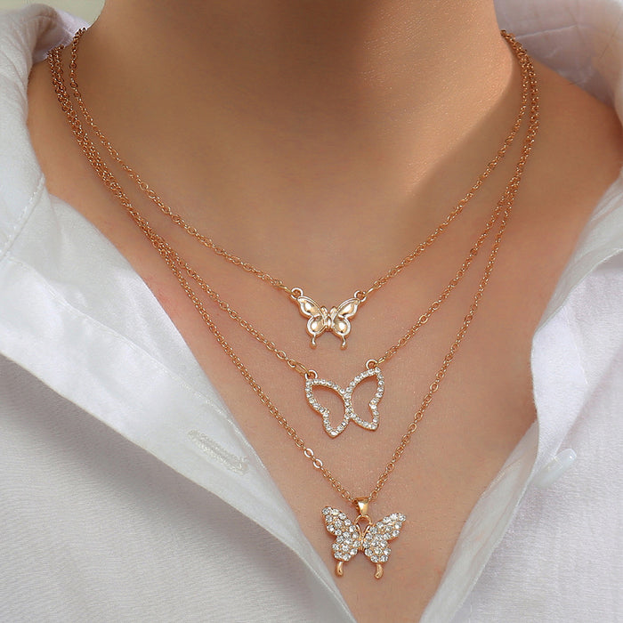 Wholesale Metal Three Piece Diamond Butterfly Necklace MOQ≥2 JDC-NE-NZ040