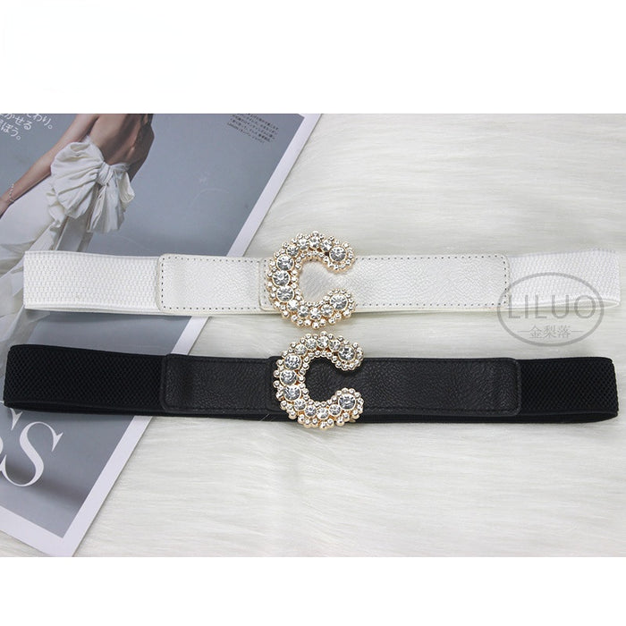 Wholesale Womenbelt Faux Leather Belt Women C Shape Diamond Elastic Girdle JDC-WB-JLL004