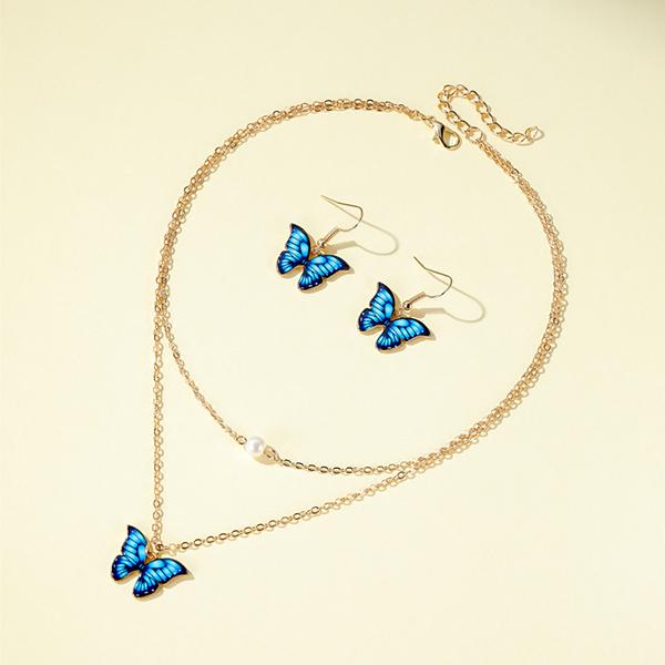 Bulk Jewelry Butterfly Necklace Colorful Double Pearl Butterfly Pendant Elegant Butterfly Earring Set wholesale JDC-NE-a054 Wholesale factory from China YIWU China