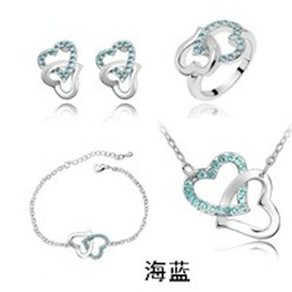 Wholesale Heart Rhinestone Alloy Bracelet Necklace Earrings Ring Set JDC-ES-Yaqian003