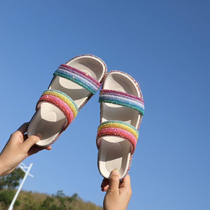 Mujeres al por mayor de verano Slippers Doble correa Rainbow Stripes JDC-SP-Xuanyang003