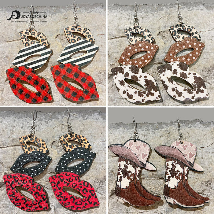 Wholesale Earrings Wooden Lips Block Color Western Cowboy Boots Leopard Print 2 Pairs JDC-ES-HeYi089
