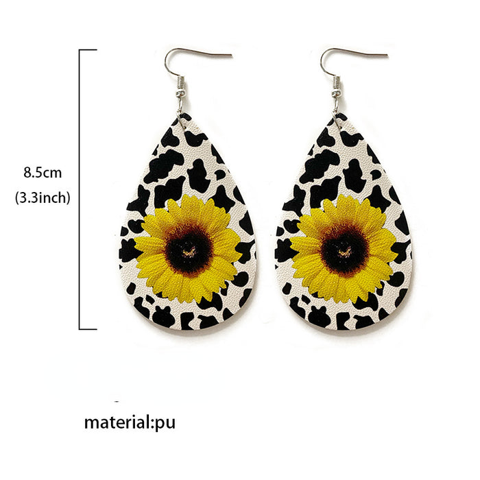 Wholesale Earrings Leather Leopard Sunflower Print Earrings 2 pairs JDC-ES-Qunyi015