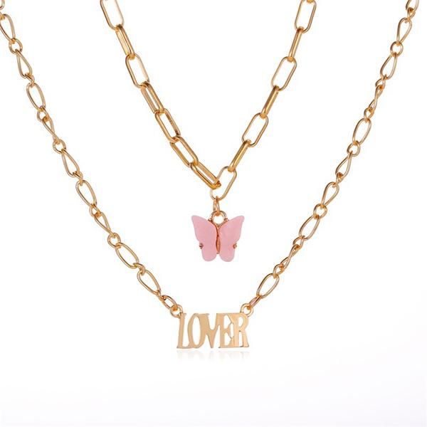 Bulk Jewelry Double Acrylic Butterfly Necklace Fashion Letter Pendant English Letter Necklace wholesale Wholesale factory from China YIWU China