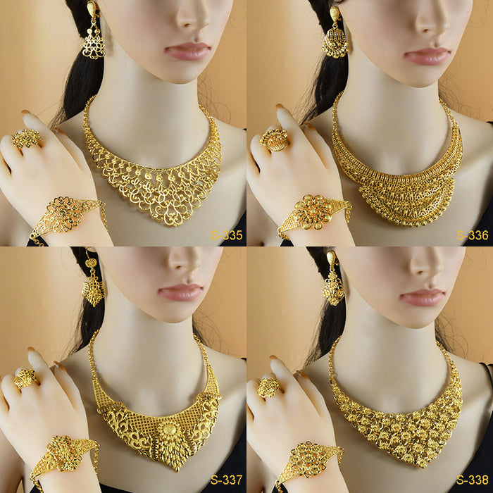 Wholesale Bridal Flower Plated 24K Gold Alloy Necklace Bracelet Earrings Ring Jewelry Set MOQ≥2 JDC-JS-AND004