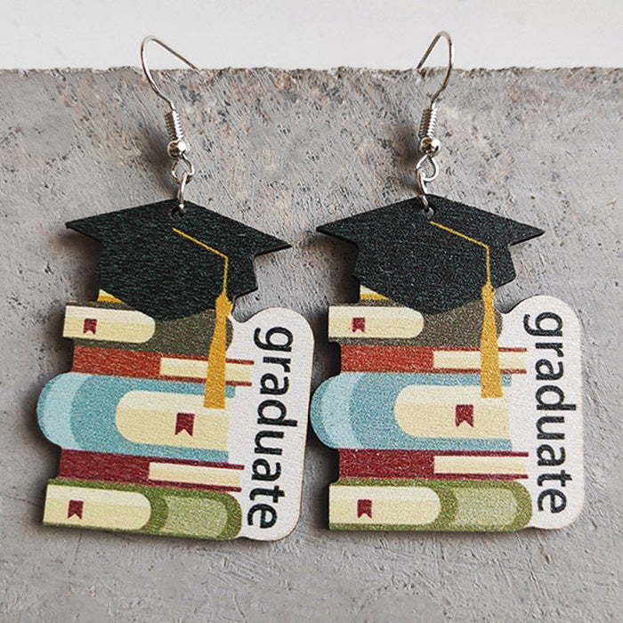 Wholesale Earrings Wooden Teacher's Day Cute Book Graduation Caps 3 Pairs JDC-ES-Heyi054