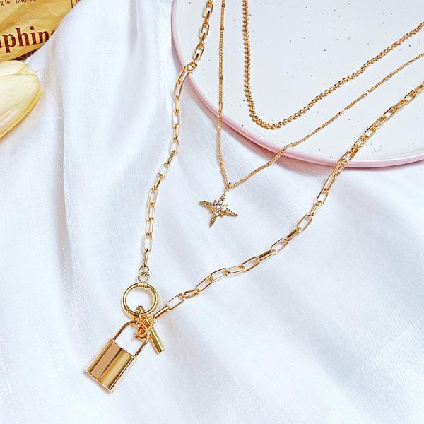Bulk Jewelry Eight-pointed star lock pendant multilayer necklace wholesale JDC-NE-f23 Wholesale factory from China YIWU China