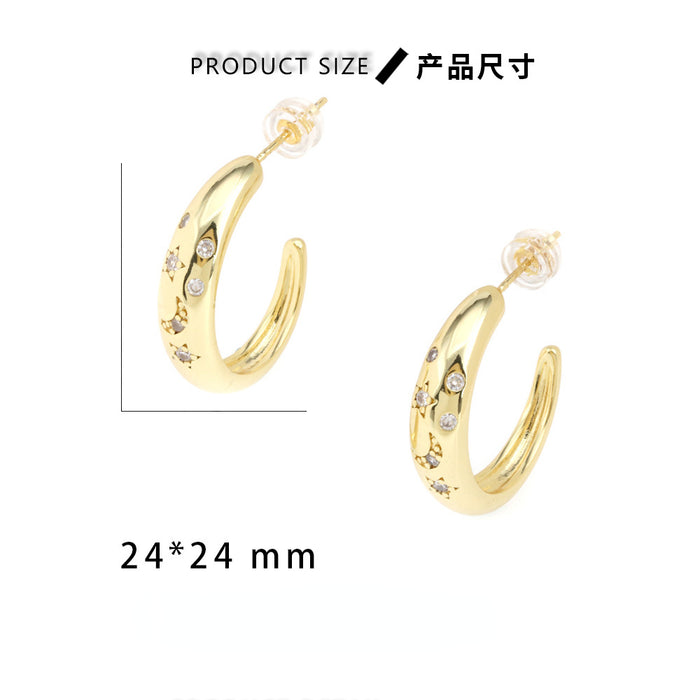 Wholesale Earrings Micro Set Zircon C Shape Star Moon Vintage Gold Plated JDC-ES-PREMTIANY002