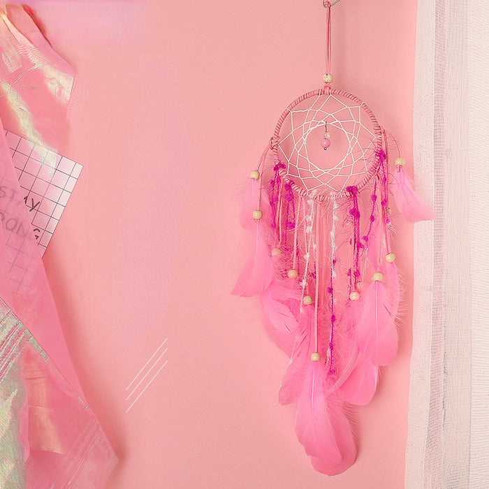 Wholesale Dreamcatcher Iron Ring Feather Wooden Bead Pink Birthday Gift JDC-DC-XR022