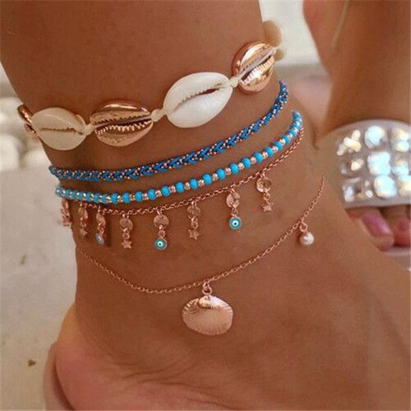 Bulk Jewelry Heart-shaped eye rice beads woven shell multilayer anklet JDC-AS-c001 Wholesale factory from China YIWU China